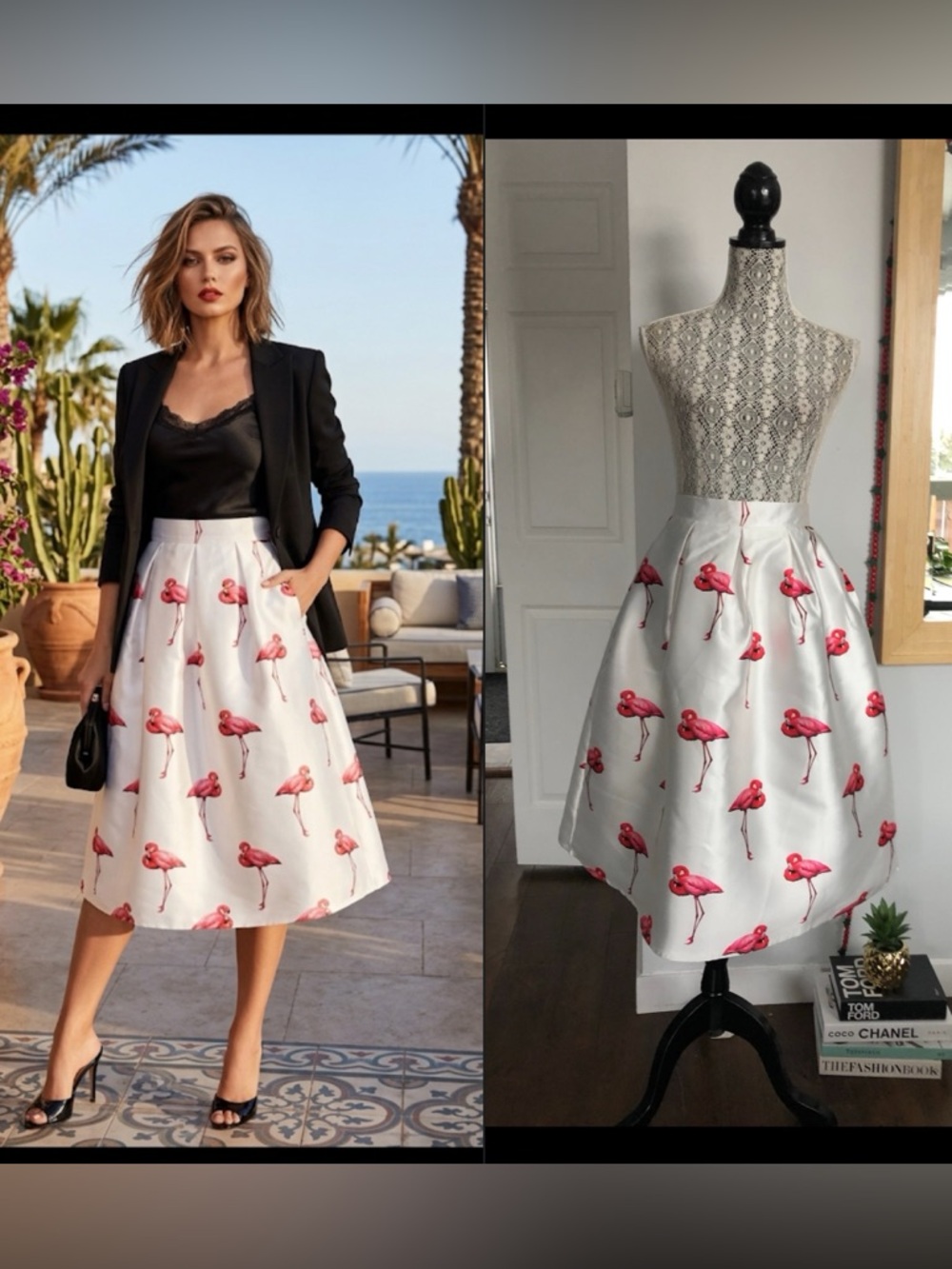 Satin Whimsical Flamingo A-line Midi Skirt. Medium.
